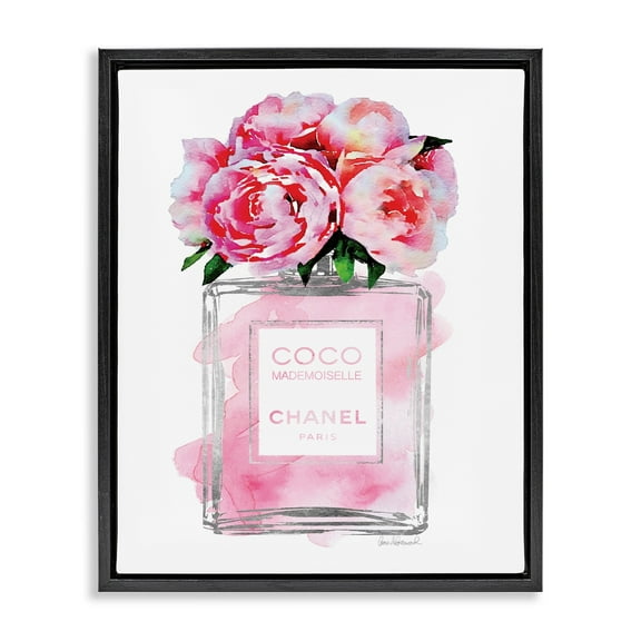 Stupell Industries Glam Perfume Bottle V2 Flower Silver Pink Peony Jet Black Framed Floating Canvas Wall Art, 16x20, by Amanda Greenwood
