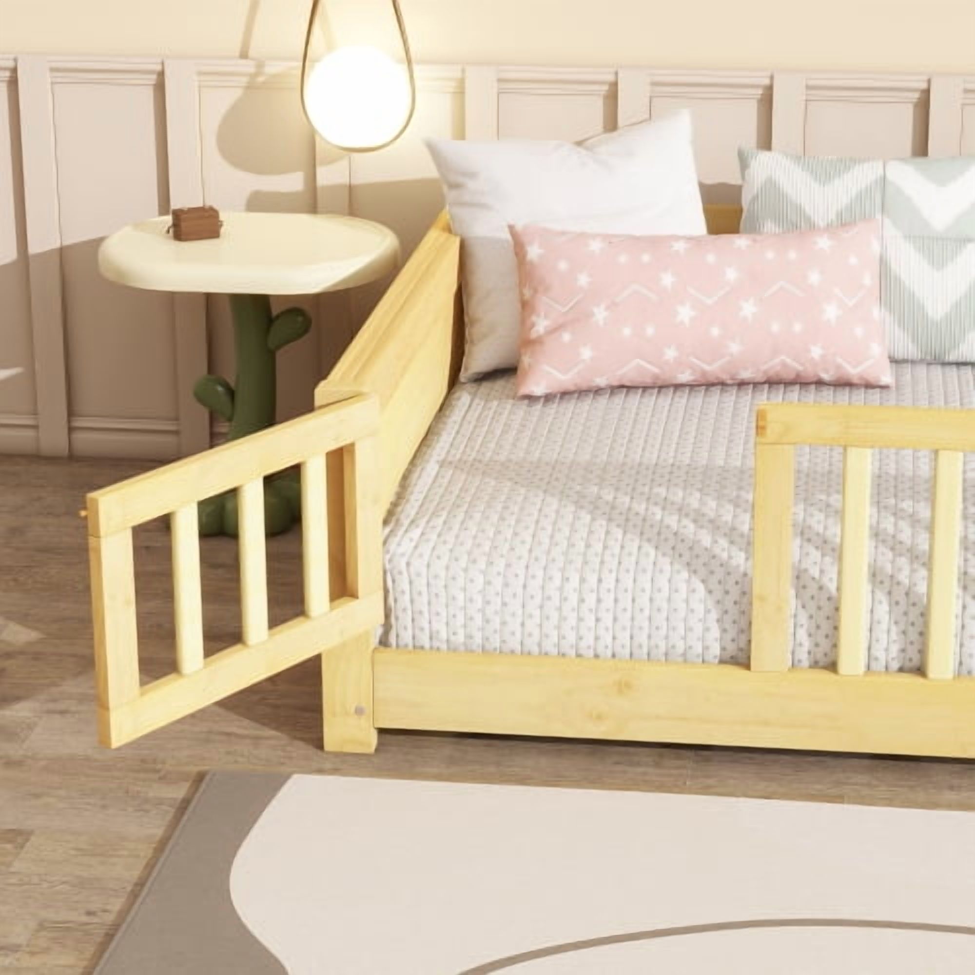Bellemave Twin Size Floor Bed with Fence and Door, Montessori Floor Twin Bed with Built-in Book Rack, Solid Wood Twin Bed with Slats and Safety Guardrails, Natural