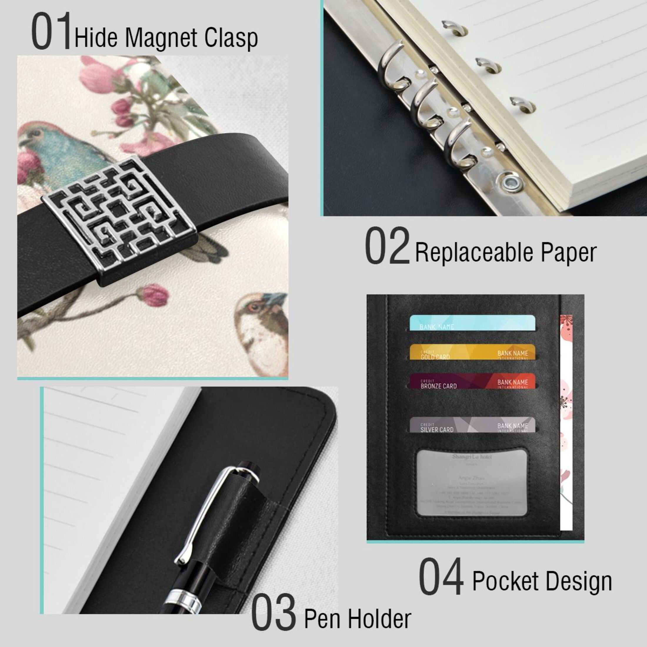 Leather Planner Leather Notebook Notebook Journal Binder Design Pen Pocket Design Convenient for Storage Perched Birds Pattern