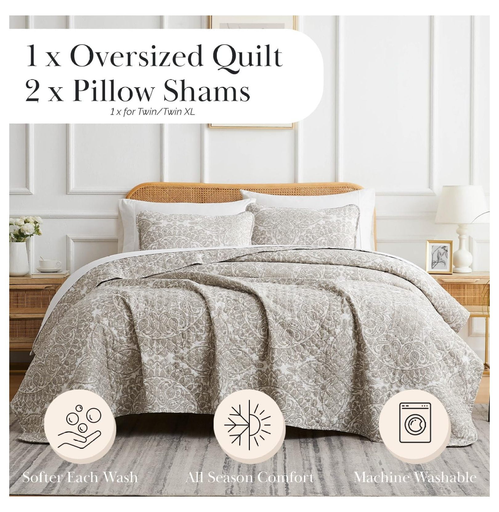 Ashanti Collection Oversized Twin XL Quilt Set, Soft Coverlet, Lightweight Bedspread 2-Piece with one Matching Quilted Pillow Sham (69 in Wide x 98 in Long), Twin/XL, Bone
