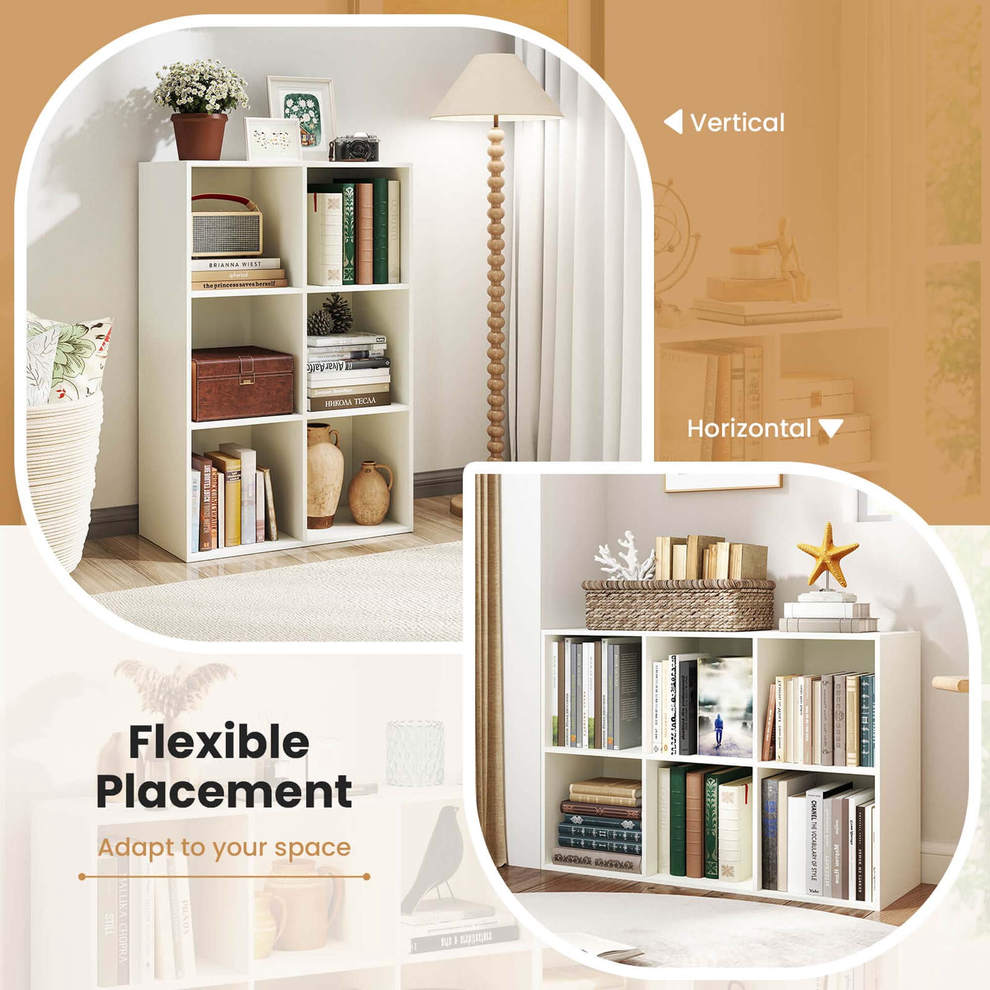 Costway 6-Cube Bookcase Modern 3-Tier Storage Organizer Horizontal Vertical Bookshelf