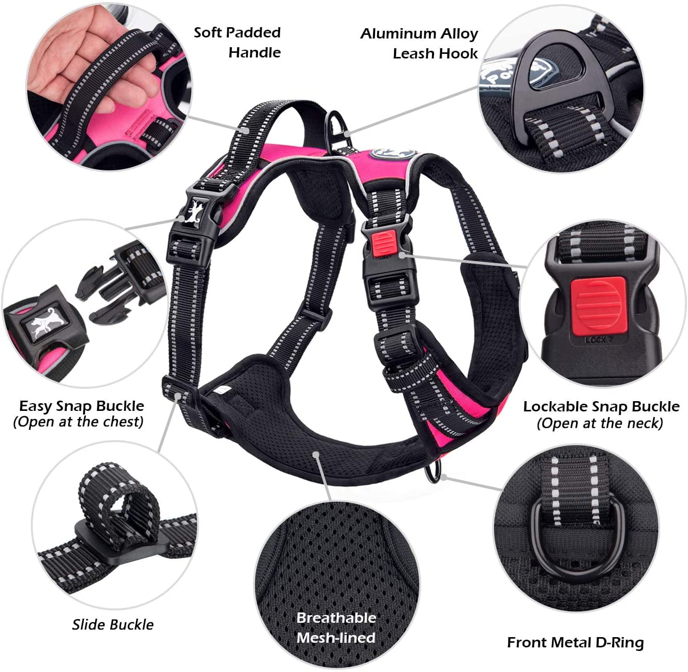 No Pull Dog Harness, No Choke Front Lead Dog Reflective Harness, Adjustable Soft Padded Pet Vest with Easy Control Handle for Small to Large Dogs(Pink, Medium)