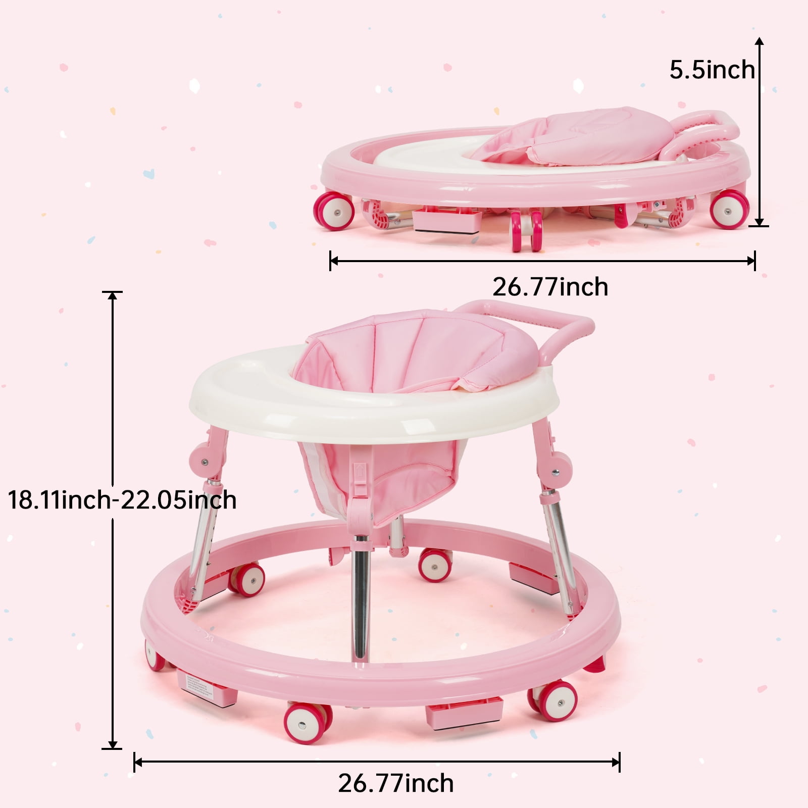 Baby Walker for 6-18 Months - One-Touch Foldable Design, 9 Adjustable Heights, Non-Slip Wheels with Removable Activity Tray, pink