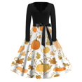 thumbnail image 2 of Halloween Dresses for Women Pumpkin Castle V Neck Cocktail 1950s Fall Dress Long Sleeve Hepburn Classic Vintage Dresses with Belt M, 2 of 5