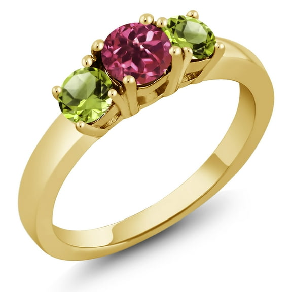 Gem Stone King 18K Yellow Gold Plated Silver Round Pink Tourmaline and Green Peridot Ring for Women (1.10 Cttw, Gemstone Birthstone, Size 7)