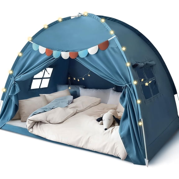 Full Size Bed Canopy for Kids, Toddler Bed Tent Dream Playhouse Privacy Floor Sleeping Tents Indoor Under Bunk Bed Tent with Pennant Banners, Kid House Toys for Boys Girl Birthday Gift
