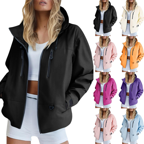 Zeijnsda Womens Jackets Windbreaker Waterproof Hooded Jackets Solid Color Long Sleeved Zip Up Outerwear Casual Outdoor Hiking Coat with Multi Pockets