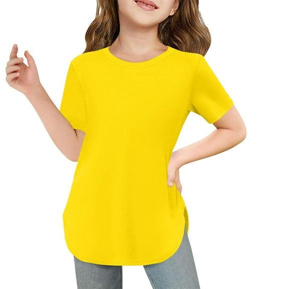 Girls Curve 𝗛em Short Sleeve Shirts Side Slit Crewneck Soft Casual Tops Lightweight Solid Tuni𝗰 Blouse for Kids