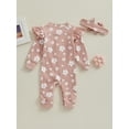 thumbnail image 4 of Baby Girls 2 Piece Outfits Floral Print Ribbed Long Sleeves Romper Jumpsuit and Cute Headband for Toddler Infant Fall, 4 of 8
