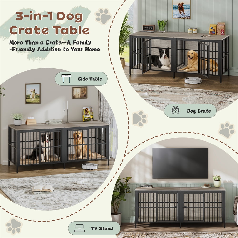 80" Dog Crate Furniture,  Heavy Duty Double-Door Dog Indoor Kennel End Table for Decoration & Large Dogs, Gray