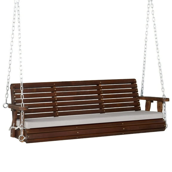VINGLI Rustic Patio Swing, 5 FT, Adults, Wooden Frame, Porch Swing with Cushions, Chains, Rustic