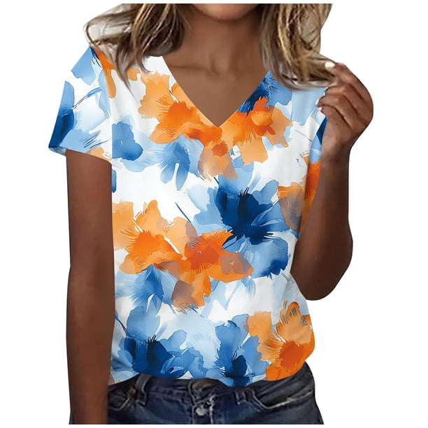 Camisetas Casuales de las Mujeres Moda Cómoda Impresa de Manga Corta con Cuello en V Top para el Uso Diario Casual
