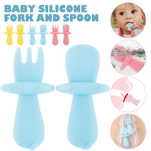 AMERTEER Toddler Utensils Set Self-Feeding Silicone Baby Utensils Anti-Choke BPA-Free Baby Fork and Spoon Set with Protective Choke Barriers for Baby Toddler Led Weaning Ages 6 Months Up