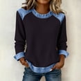 thumbnail image 3 of Womens Waffle Knit Pullover Denim Patchwork Crew Neck Long Sleeve Shirts Casual Loose Streetwear Going Out T-Shirt, 3 of 5