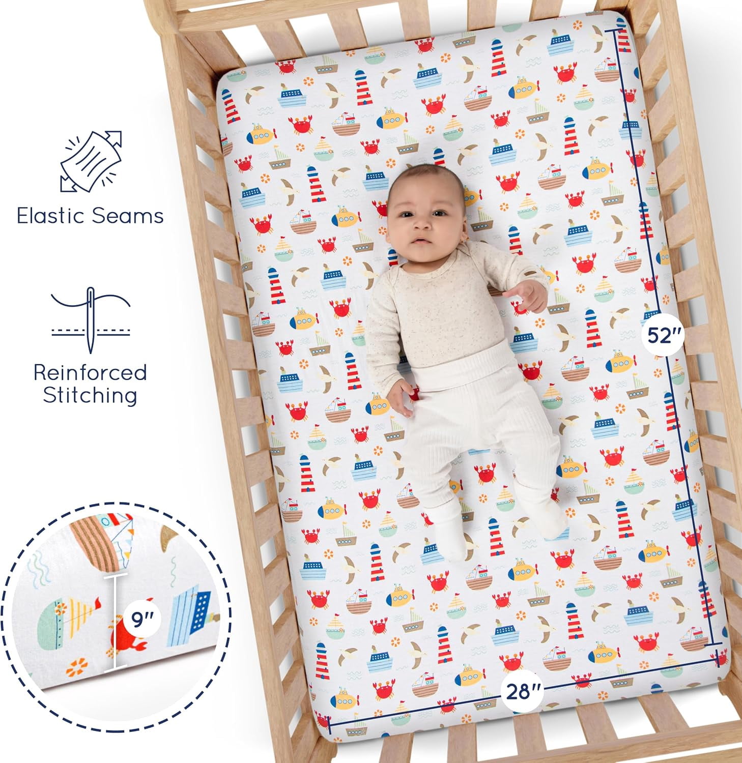 GROW WILD Fitted Nautical Crib Sheets (3 Pack) - Jersey Knit Cotton Boys Crib Sheets - 52”x28”x9”