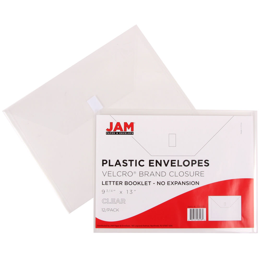 JAM Paper Plastic Envelopes, Letter Booklet Hook and Loop Closure, 9 3/4 x 13, Clear, 12 Pack