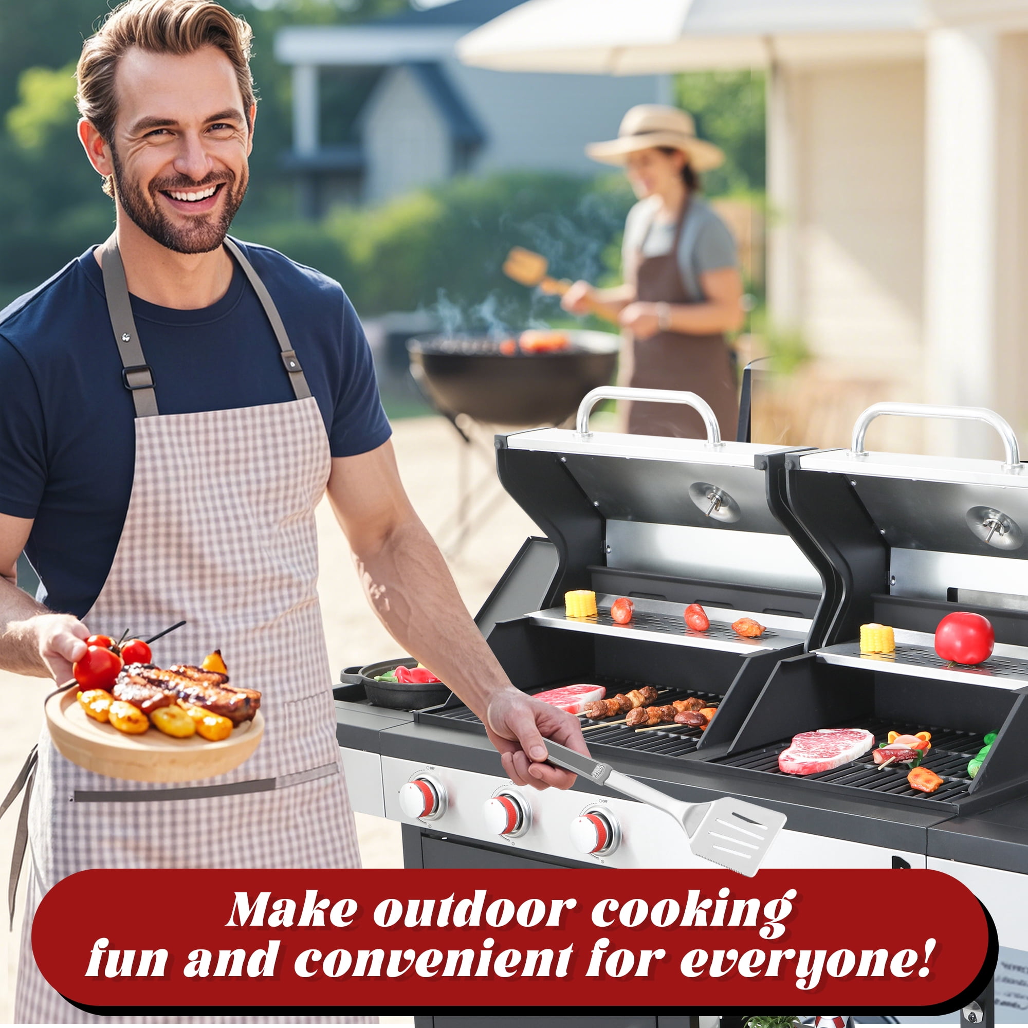 Nice Cooker Gas and Charcoal Combo Grill with Side Burner, 37,230 BTU Outdoor BBQ Grill with Porcelain-Enameled Cast Iron Grates and Plate, Thermometer, Storage Cabinet Rack for Outdoor Patio, Garden
