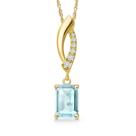 Gem Stone King 14K Yellow Gold Sky Blue Topaz and Lab Grown Diamond Pendant Necklace for Women | 1.18 Cttw | Gemstone November Birthstone | Emerald Cut 7X5MM | With 18 inch Chain