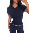 thumbnail image 2 of Gynyvoja Short Sleeve Shirts for Women Round Neck Basic Double Lined Tees Fitted Y2k Crop Tops Navy Blue S, 2 of 8
