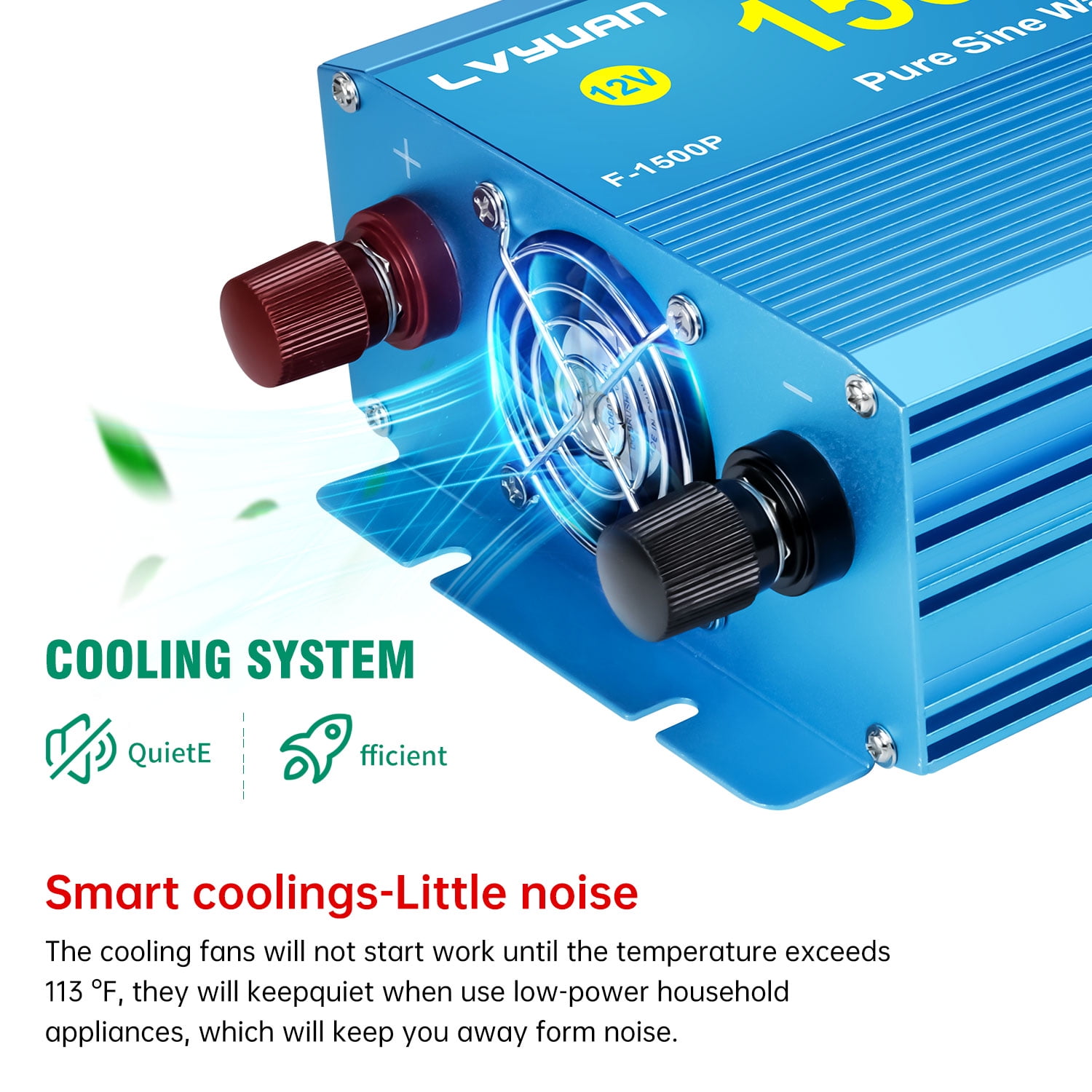 LVYUAN 1500W 3000W Surge Pure Sine Wave Power Inverter DC 12V to AC 110V Car Power Converter with 3 AC Outlets, LCD Display, Battery Converter Charger for RV, Camping, Off-Grid, Home Backup