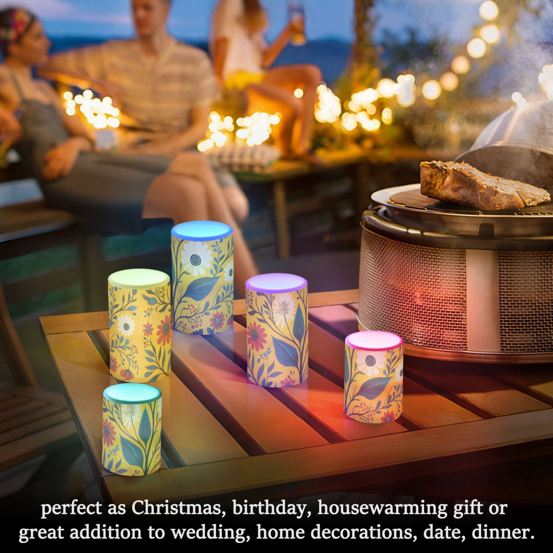 Floral Illustration Yellow Background Flickering Flameless Candles Battery Operated with Remote Timer LED Pillar Candles Set of 2