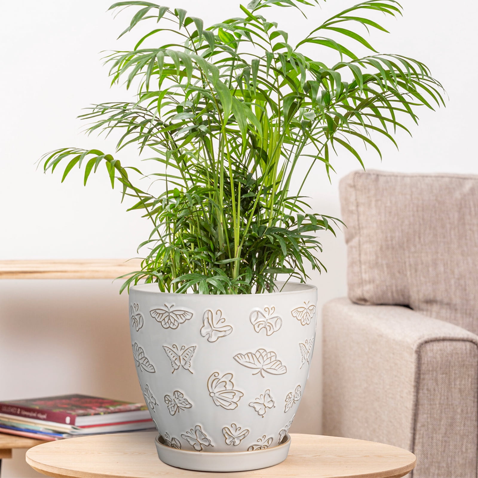 Ordivic 8 inch White Ceramic Planter with Saucer & Drainage, Rustic Decorative Vintage Flower Pots for Indoor Snake Plants,African Violet