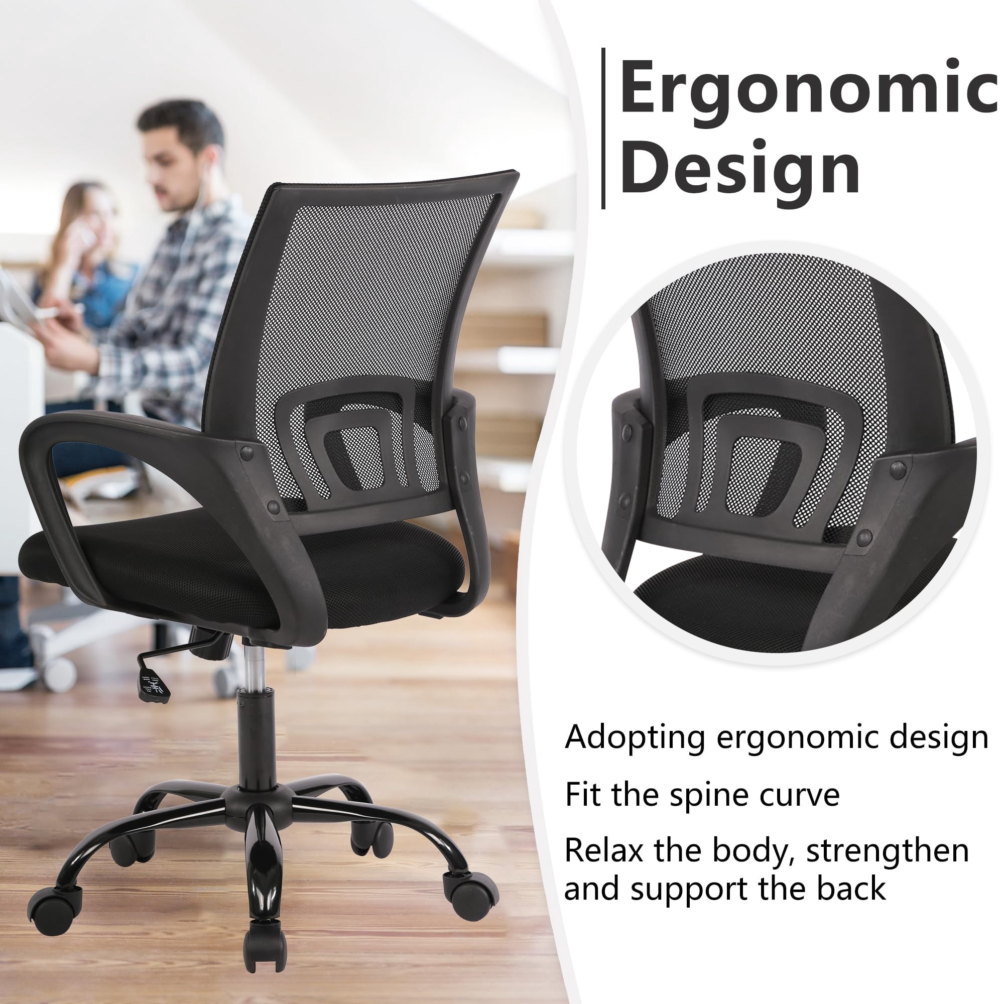 JONPONY Ergonomic Office Chair，Swivel Desk Chair with Lumbar Support, Adjustable Height with Armrests for Adults,Black