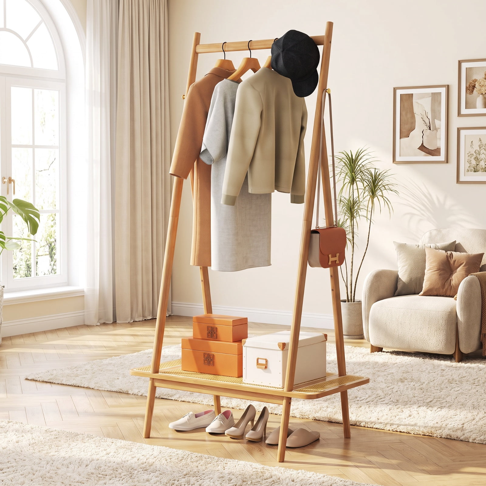 Furnibear Bamboo Clothes Rack with Hanging Rod Rattan Shelf and 5 Copper Hooks Freestanding Garment Rack for Bedroom and Entryway, Brown