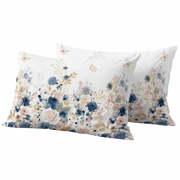 Navy Blue Spring Floral Outdoor Waterproof Pillow Covers, Elegant Pastoral Flowers Watercolor Decorative Rectangle Throw Pillowcase Sofa Cushion Sham for Patio/Couch/Chair, 20"x12" 2 Pack