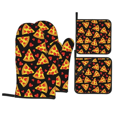 

Oven Mitts and Pot Holders Sets 4 pcs - Cute Love Pizza Heat Resistant Silicone Oven Gloves with Non-Slip Silicone Surface and hot pads for kitchen Baking Cooking BBQ