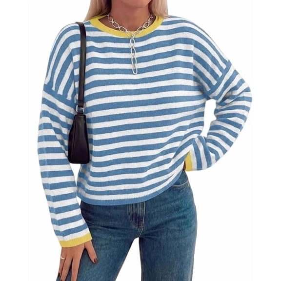 BTFBM Women's Lightweight Oversized Striped Sweater | Soft Knit Cozy Sweaters, Crew Neck Long Sleeve Pullover, y2k Color Block, Casual Holiday Outfits, Winter Fall Clothes