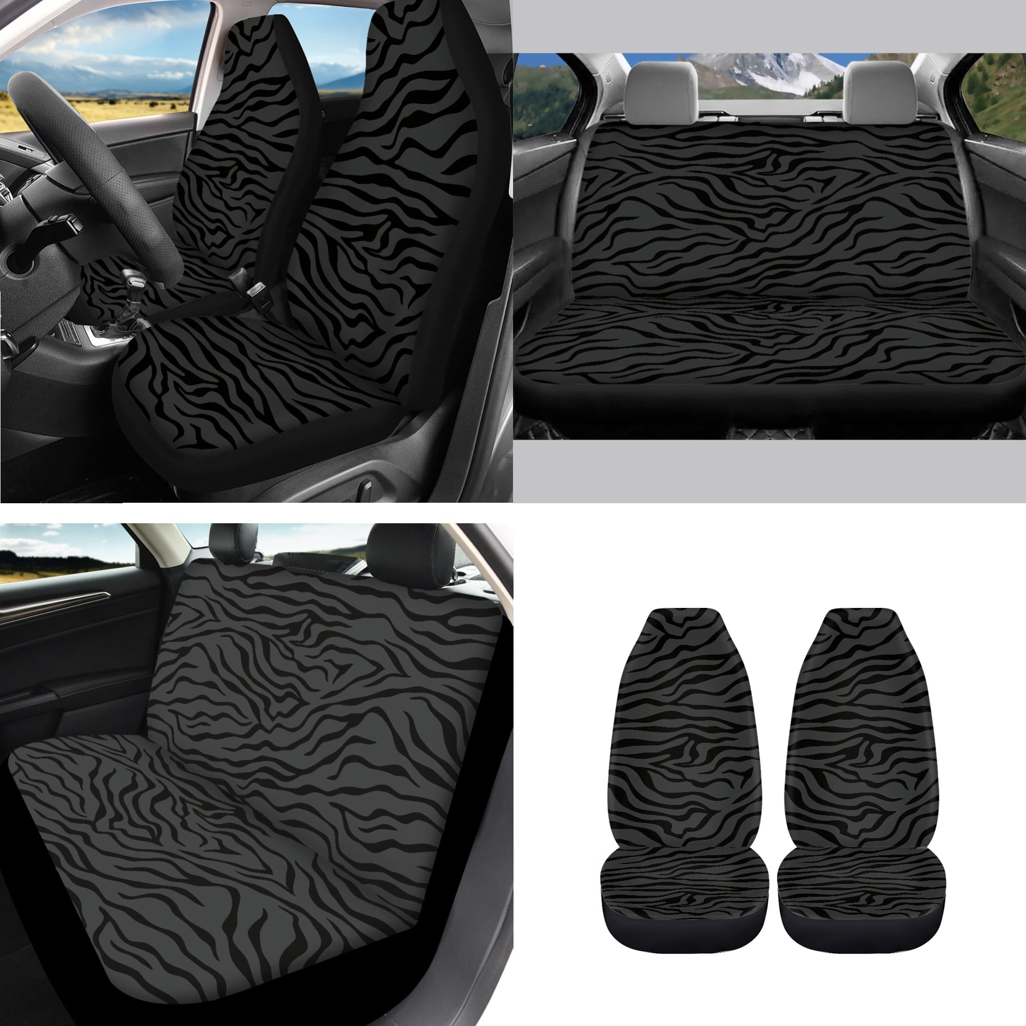 Yuyamidu Zebra Stripe Car Seat Cover Set Black Steering Wheel Cover Seat Belt Strap Cover Garbage Bin Auto Center Console Pad Cover Rearview Mirror Cover Coasters Gear Shift Knob Cover Set, 14 Pack