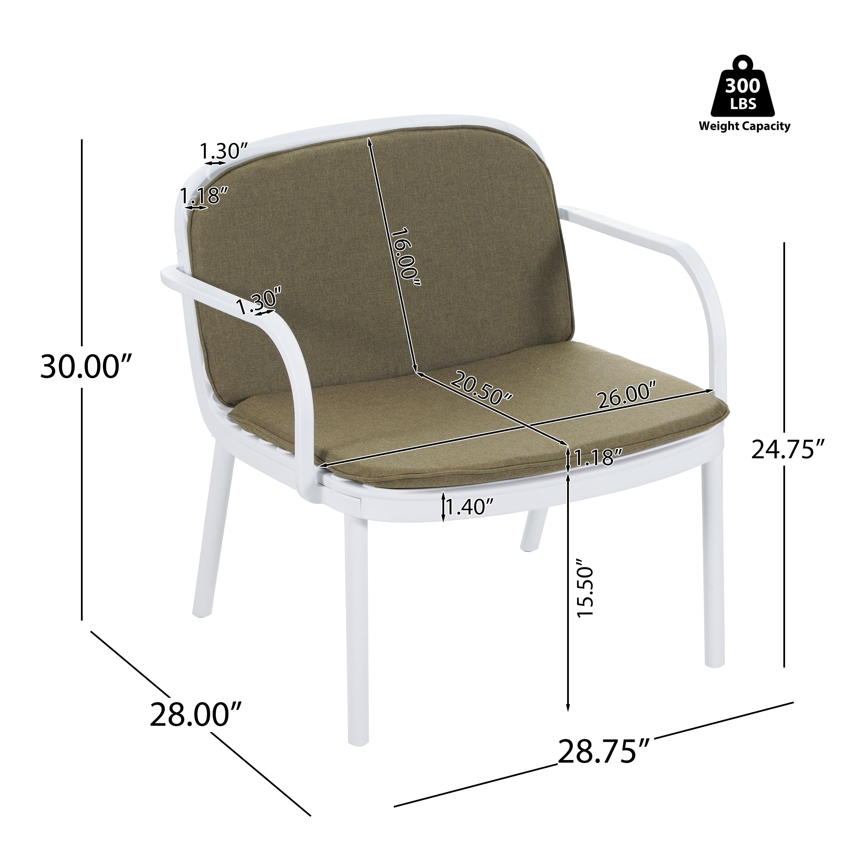 Patio Chair Set, Outdoor Club Chairs with All-Weather PP Frame and Fade-Resistant Cushion, Ergonomic Design for Patio and Balcony, Set of 2 Chairs, White Frame with Green Cushion