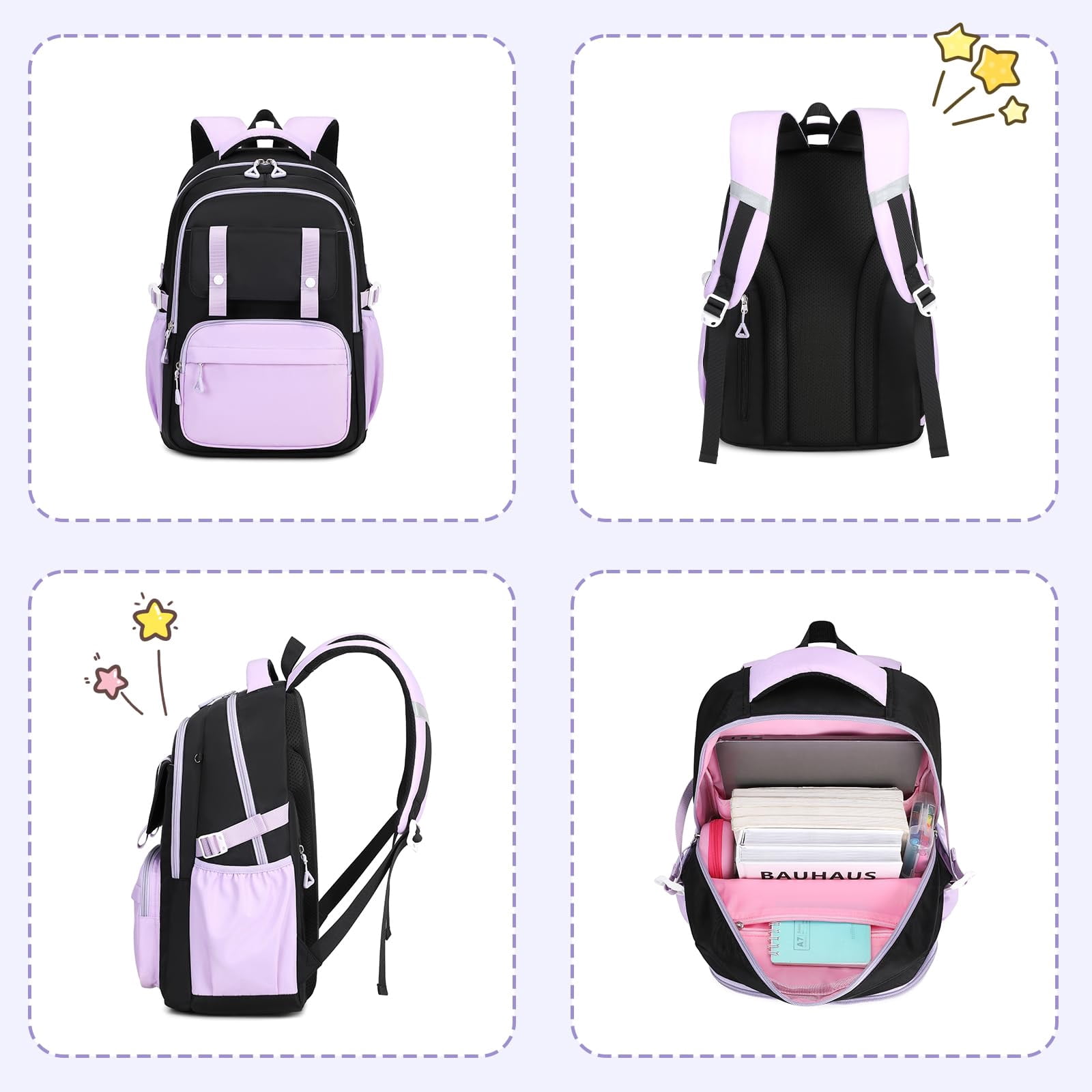 Soda Candy Girls Backpack Ideal Elementary Middle School Backpacks for Kids Cute Kawaii Large Capacity Bookbag with Reflective Strip, Black Purple