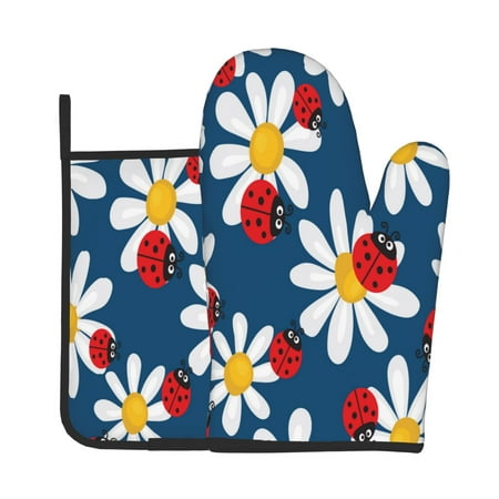 

Junzan Daisies With Ladybugs Pattern Oven Mitts and Pot Holders 2 pcs Set Potholders BBQ Gloves Long Kitchen Oven Glove for Cooking Baking Grilling (2-Piece Set 11 Inch)