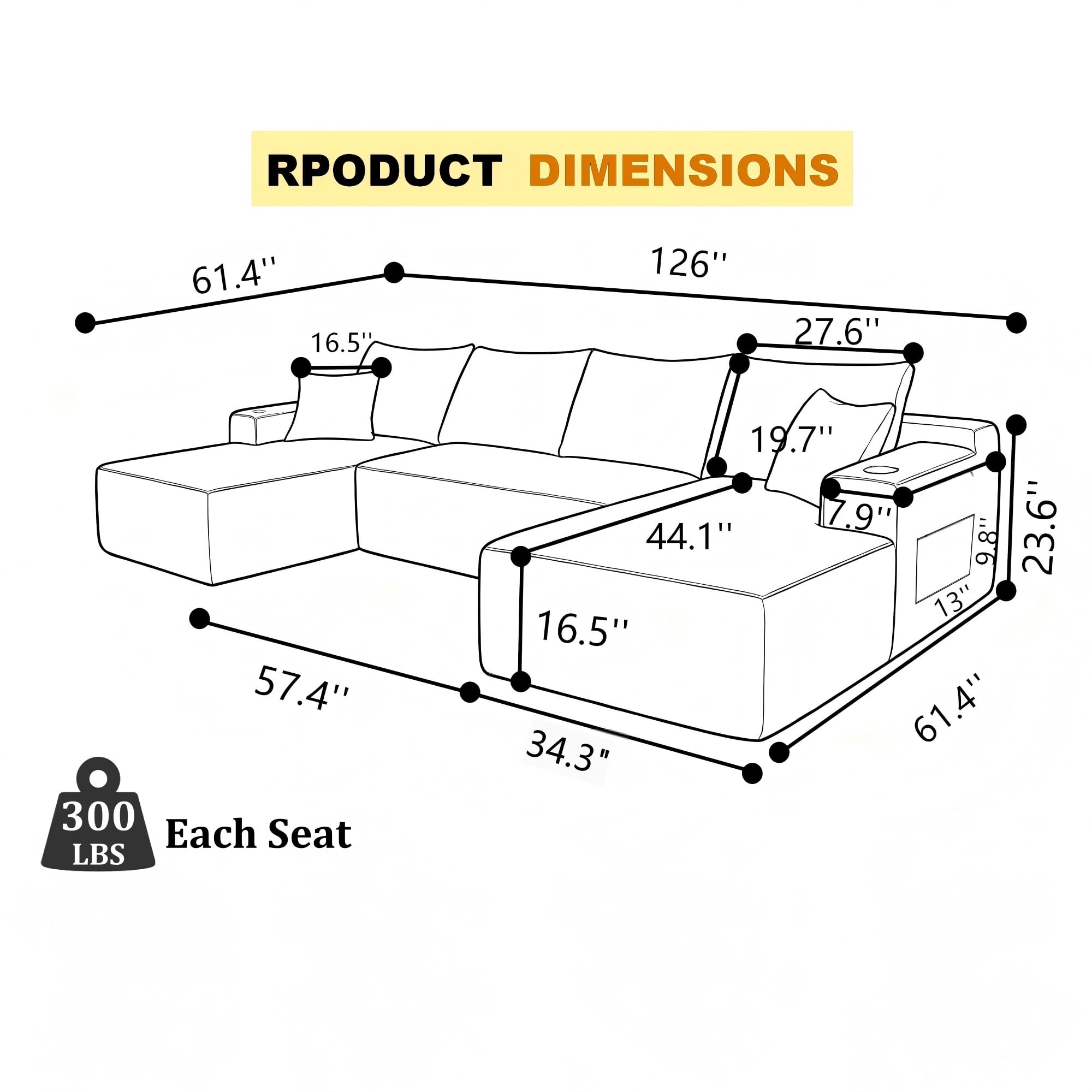 126"W U Shape No-Assembly Sectional Sofa with Chaise, Modular Couch Set with Pockets & Cup Holders, Deep Seat Upholstered Sofa