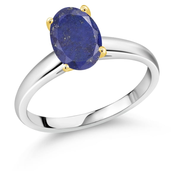 Gem Stone King 925 Silver and 10K Yellow Gold Blue Lapis Solitaire Engagement Ring for Women | 2.00 Cttw | Oval 9X7MM | Gemstone Birthstone (Size 8)