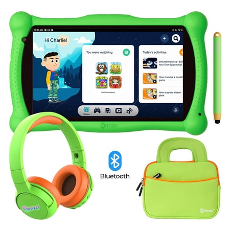 Contixo 7 inch Kids Learning Tablet, Bluetooth Kids Wireless Headphone and Tablet Bag bundle with Teacher approved apps and parent control Green set