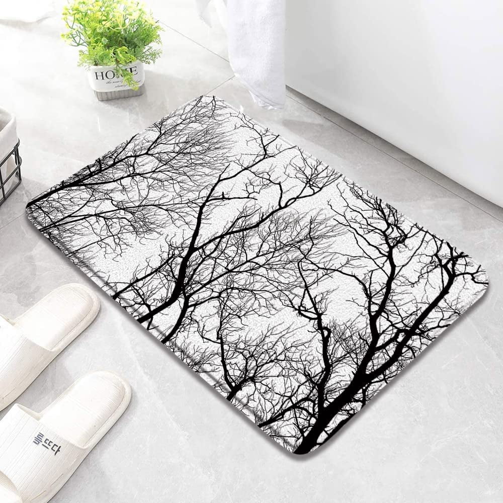 Forest Bath Mats for Bathroom Black and White Woods Abstract Horror Trees Fall Winter Tree Branches Rustic Farmhouse Memory Foam Flannel Bath Floor Rugs for Kitchen Bathtub Laundry 29.5 x 17.7 Inch