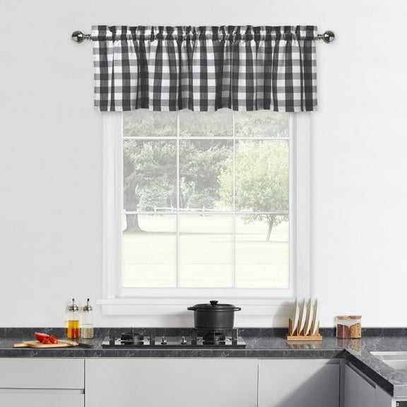 Black and White Buffalo Plaid Checkerd Café Valances Curains for Kitchen,Gingham Thick Rod Pocket Farmhouse Window Treatment Valance Curtains for Window Bathroom,55 x 15 inch
