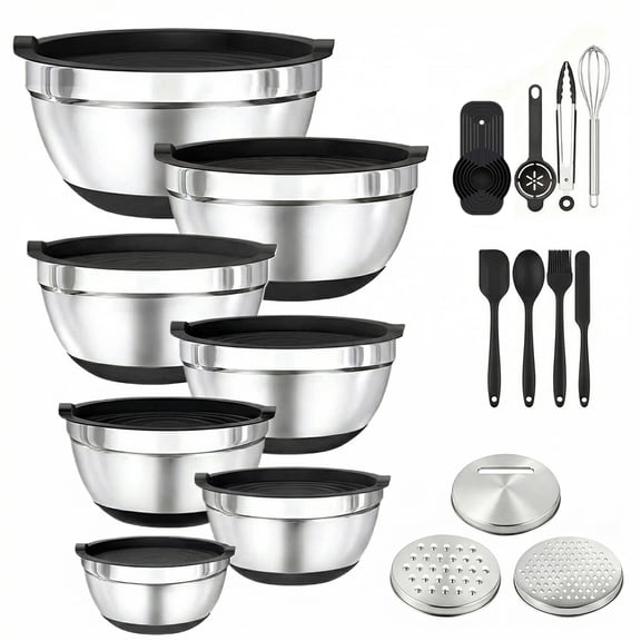 Eurhowing Mixing Bowls with Lids, 23PCS Stainless Steel Nesting Serving Bowl Set, Metal Salad Bowls for Serving Prepping Baking, Black