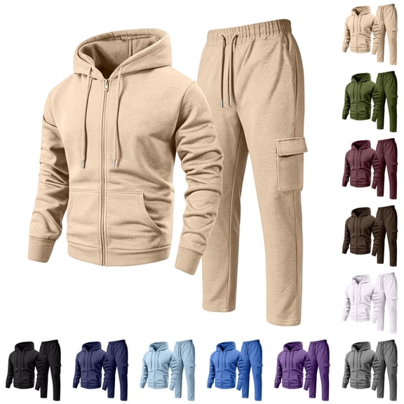 Hearthz Men 2 Piece Sweatsuits Sets Drawstring Elastic Fleece Athletic Jacket and Cargo Sweatpants Solid Color Men Sweatsuits Sets Gray L