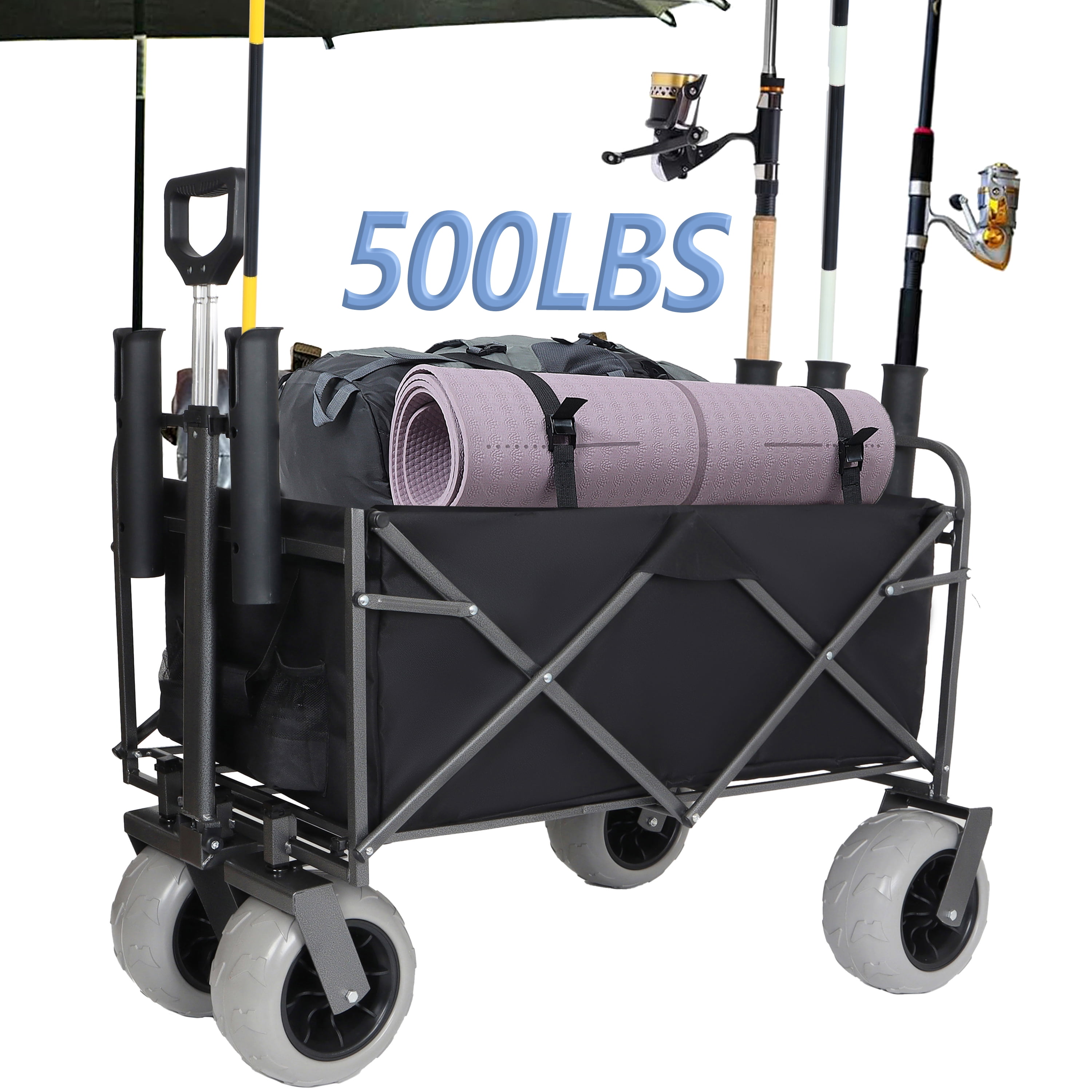 Fishing Cart with Rod Holders,Beach Wagon with Big Wheels for Sand 500lbs Capacity - All Terrain Steel Frame Utility Cart with 9" Pneumatic Tires,Strap with Bag