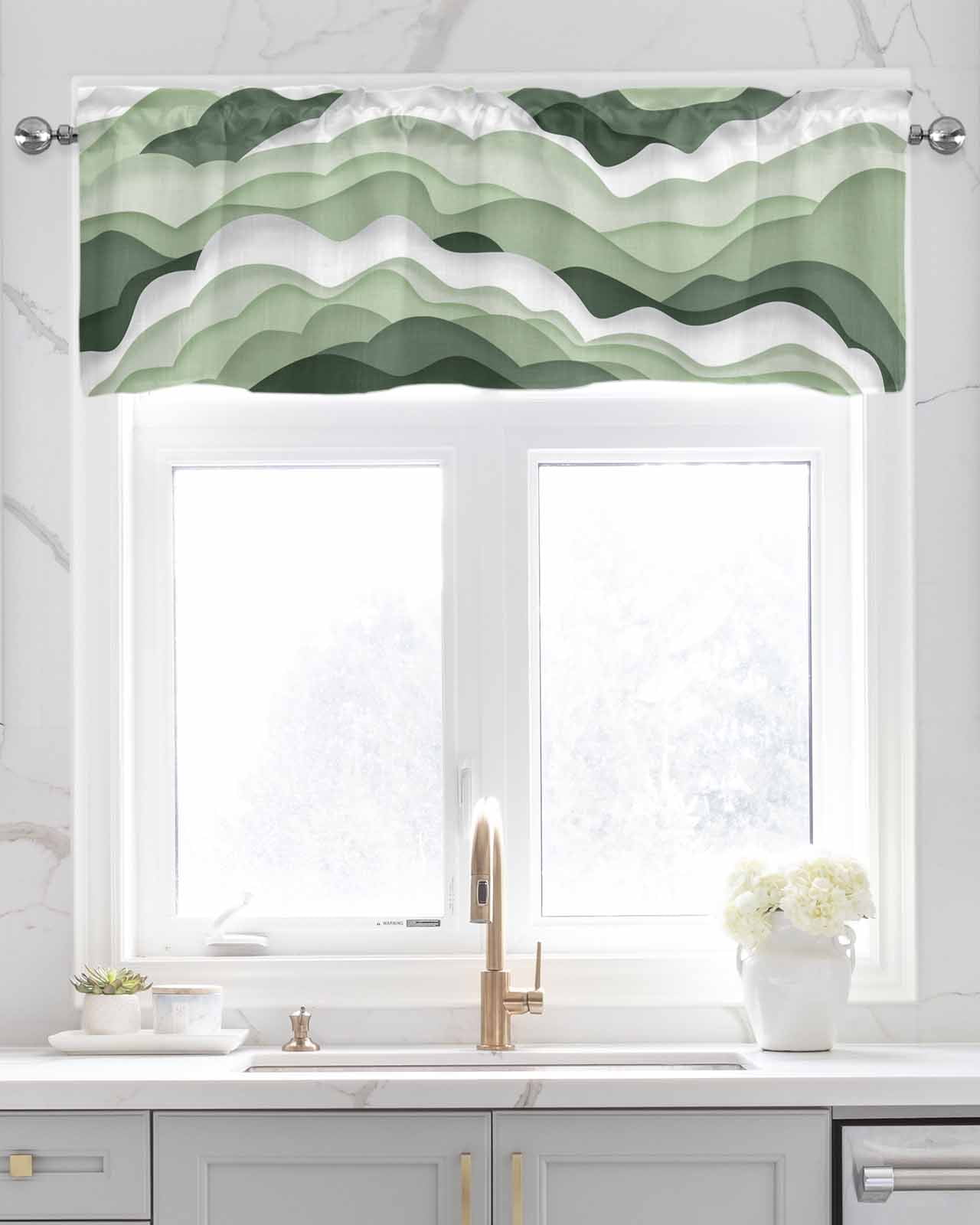 Sage Green Linen Curtain Valance for Bedroom/Bathroom/Kitchen/Office/Living/Dining Room Window,Coastal Ocean Geometric Abstract Wave White Pocket Topper Drapes Decorative Cafe Drapery Panel 54"x18"