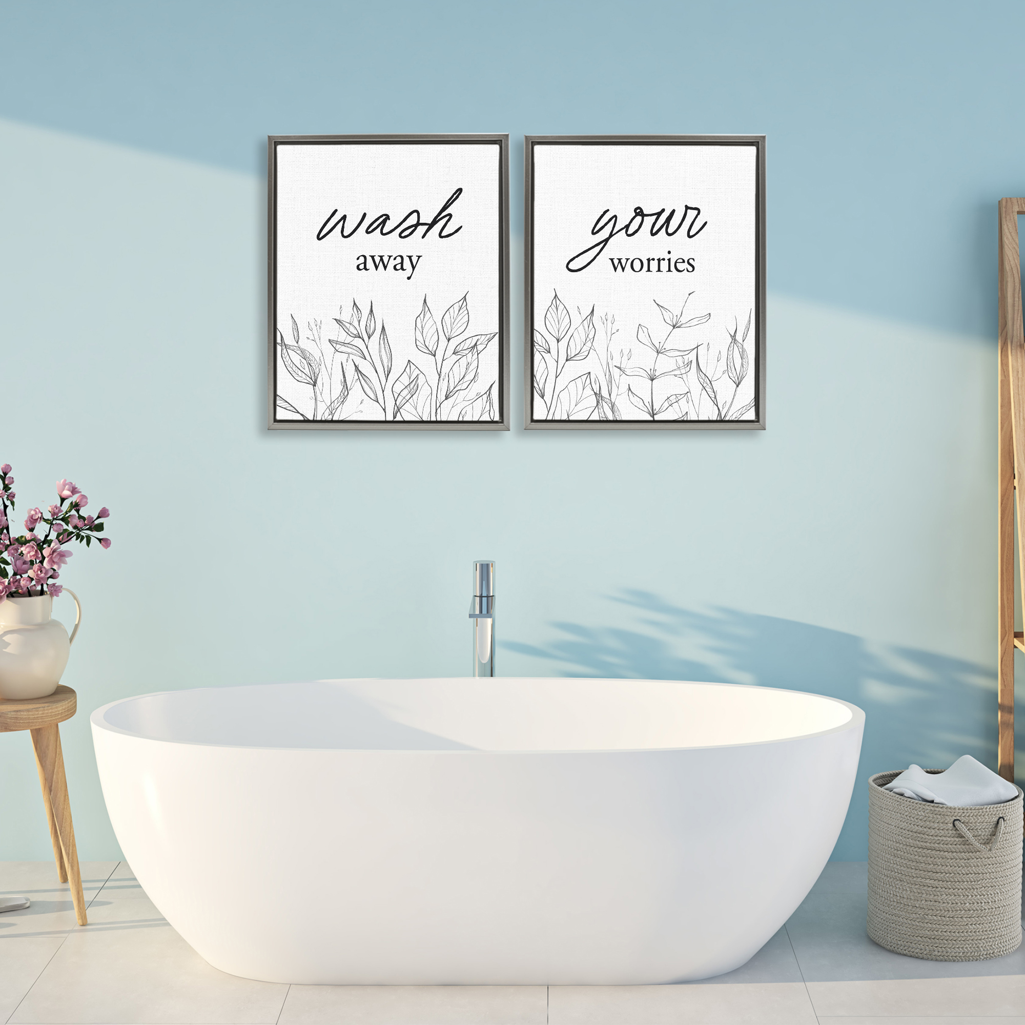 Wash Away Worries Minimalist Leaves 2 Piece Gray Framed Floater Canvas Set, design by Lettered and Lined