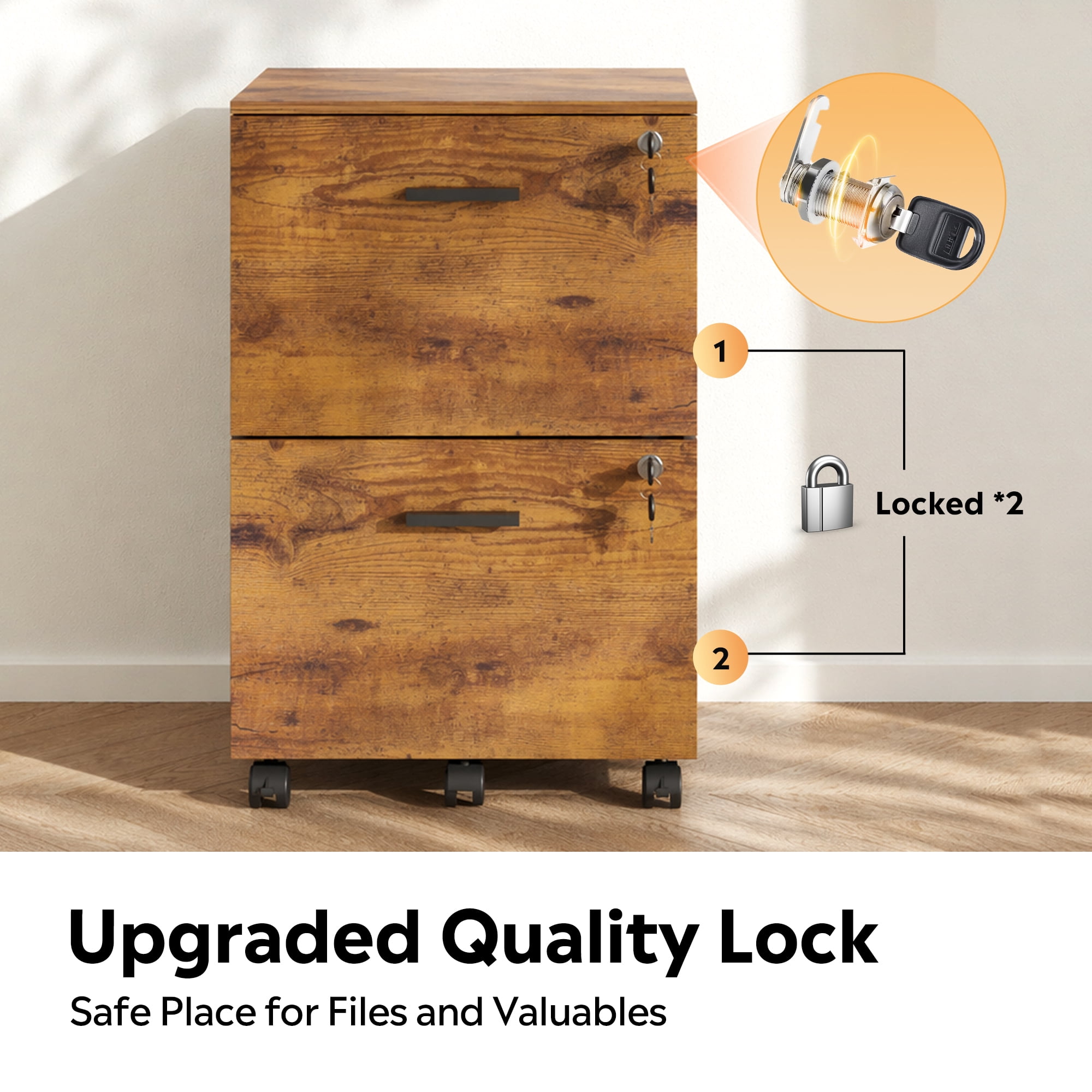 GALAXHERO 2 Drawer Filing Cabinet with Lock, Wooden Printer Stand with Storage for Home Office, Mobile Locking file Cabinet Fits Letter/A4 Hanging Files, Rustic Brown