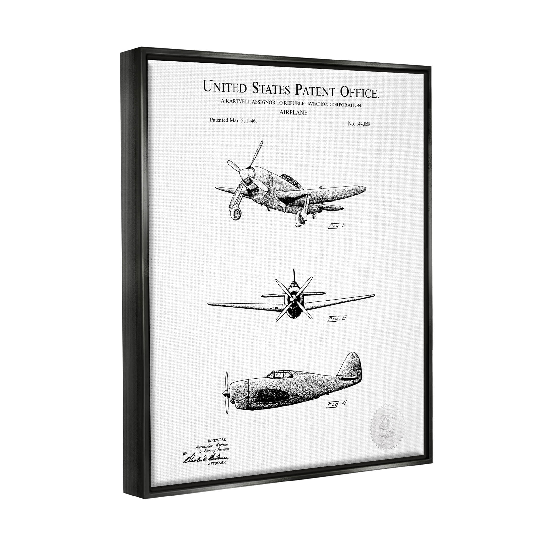 Stupell Industries Intricate Airplane Diagram Patent Graphic Art Jet Black Floating Framed Canvas Print Wall Art, Design by Karl Hronek