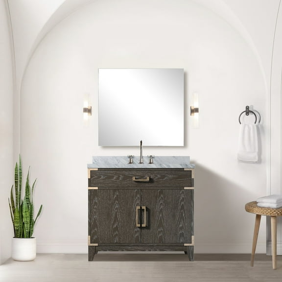 Brown Oak Bathroom Sink Vanity 36"x22", Marble Top, Faucet, Soft Close, Abundant Interior Storage 36 In. W X 22 D Bath Cupboard Unit, Counter, Copious Space
