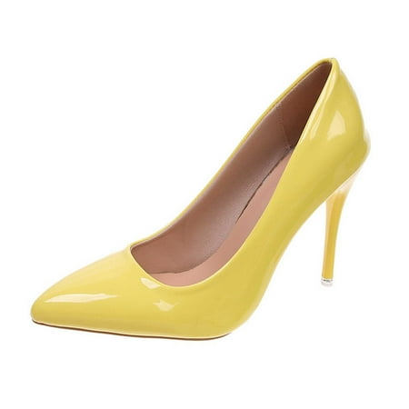 hopeusnice Clearance Women s Pointed Toe High Heels Pumps Patent Leather Stilettos Heel Dress Shoes Office Work Party Wedding Shoes Comfortable Formal Footwear Yellow 36