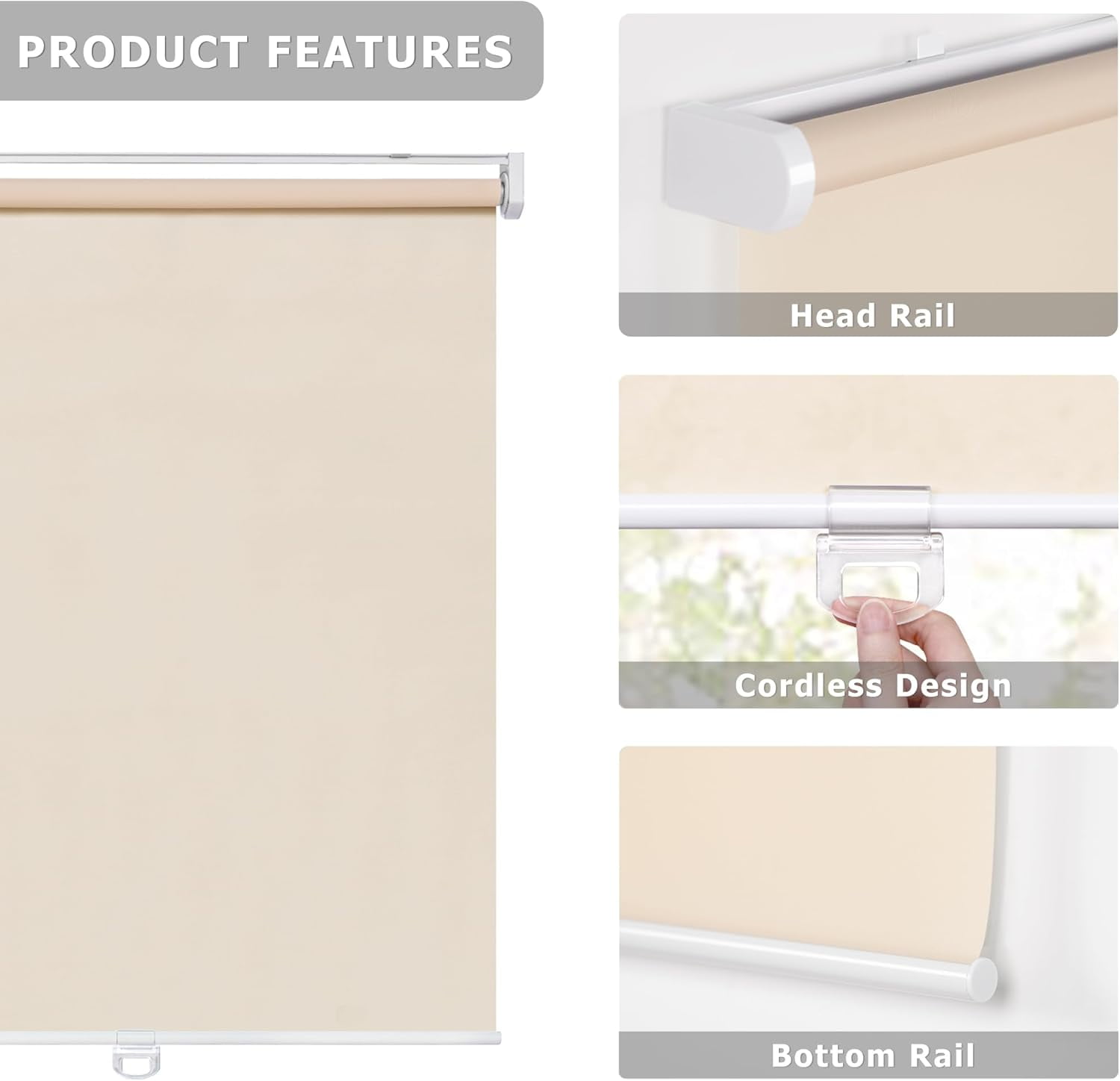LazBlinds No Tools No Drill Cordless Roller Shades, Light Filtering Roller Blinds for Windows, Thermal Insulated UV Protection Roll Up Window Blinds and Shases, 35'' W x 72'' H, Beige